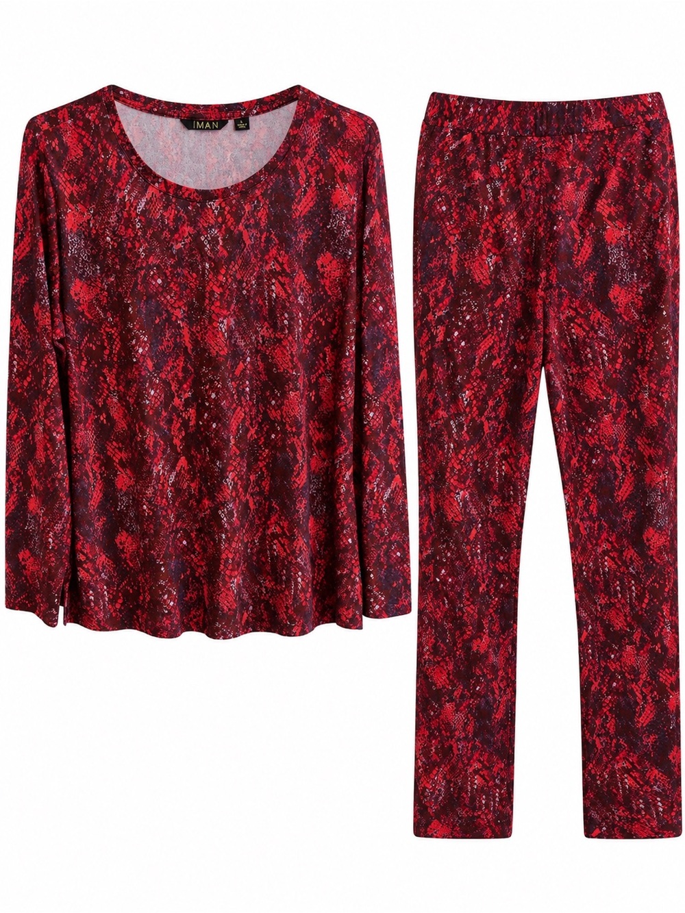 IMAN 2 Piece Lounge Pajama Set Red Snakeskin Print Size Large